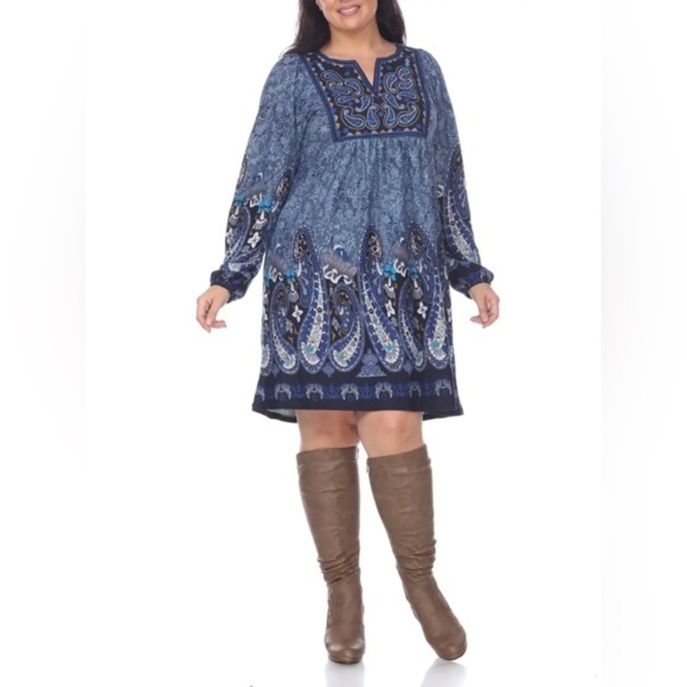 White Mark Plus Size Blue Black Embroidered Knit Long Sleeve Mini Dress